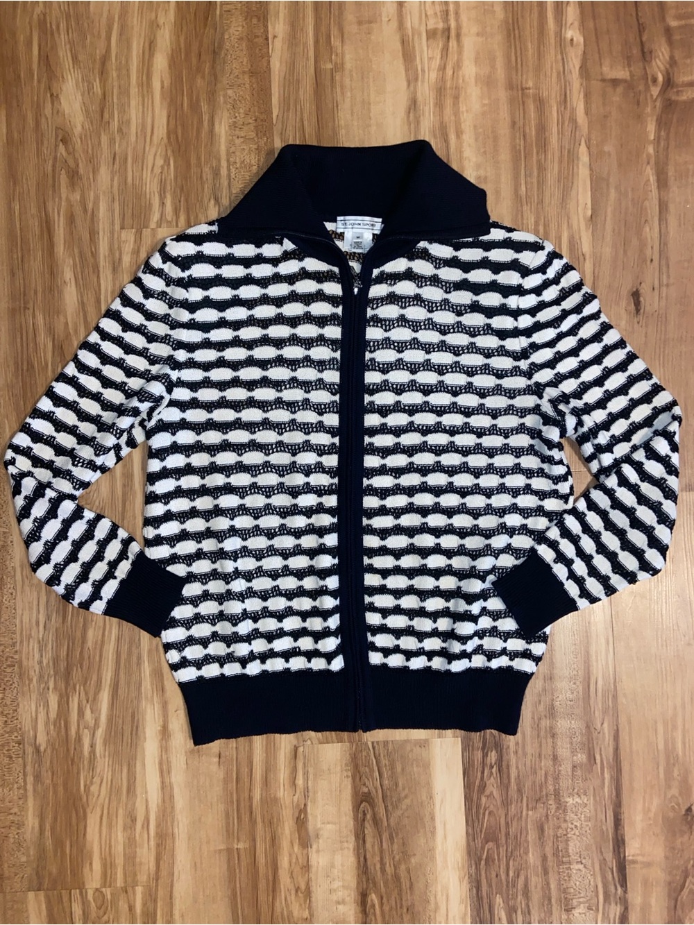 St John Sport Black & White Striped Lightweight Wool Zip-Up Cardigan Sweater